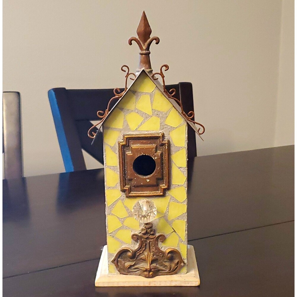 Wood & Metal Bird House Yellow Mosaic Front Metal Roof Fleur-de-Lis